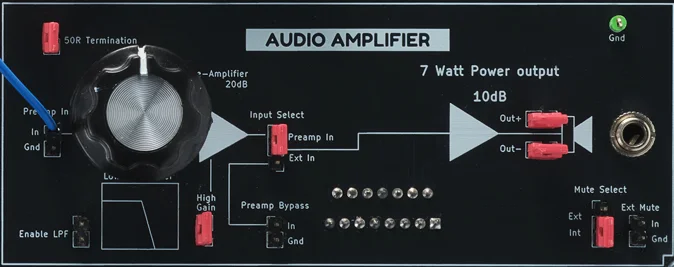 Audio Amplifier module: 20dB preamp stage feeding a 10dB, 7 watt output stage, with input select, bypass, high-gain, and mute switches