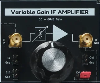 Variable Gain IF Amplifier module, 30 to 60dB gain, with adjustment knob and external gain control jumper