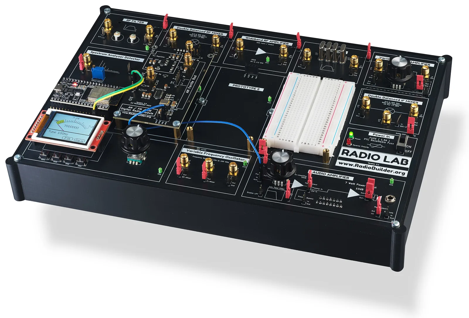 Angled studio photo of the assembled RadioLab enclosure showing the full module layout and RADIO LAB nameplate